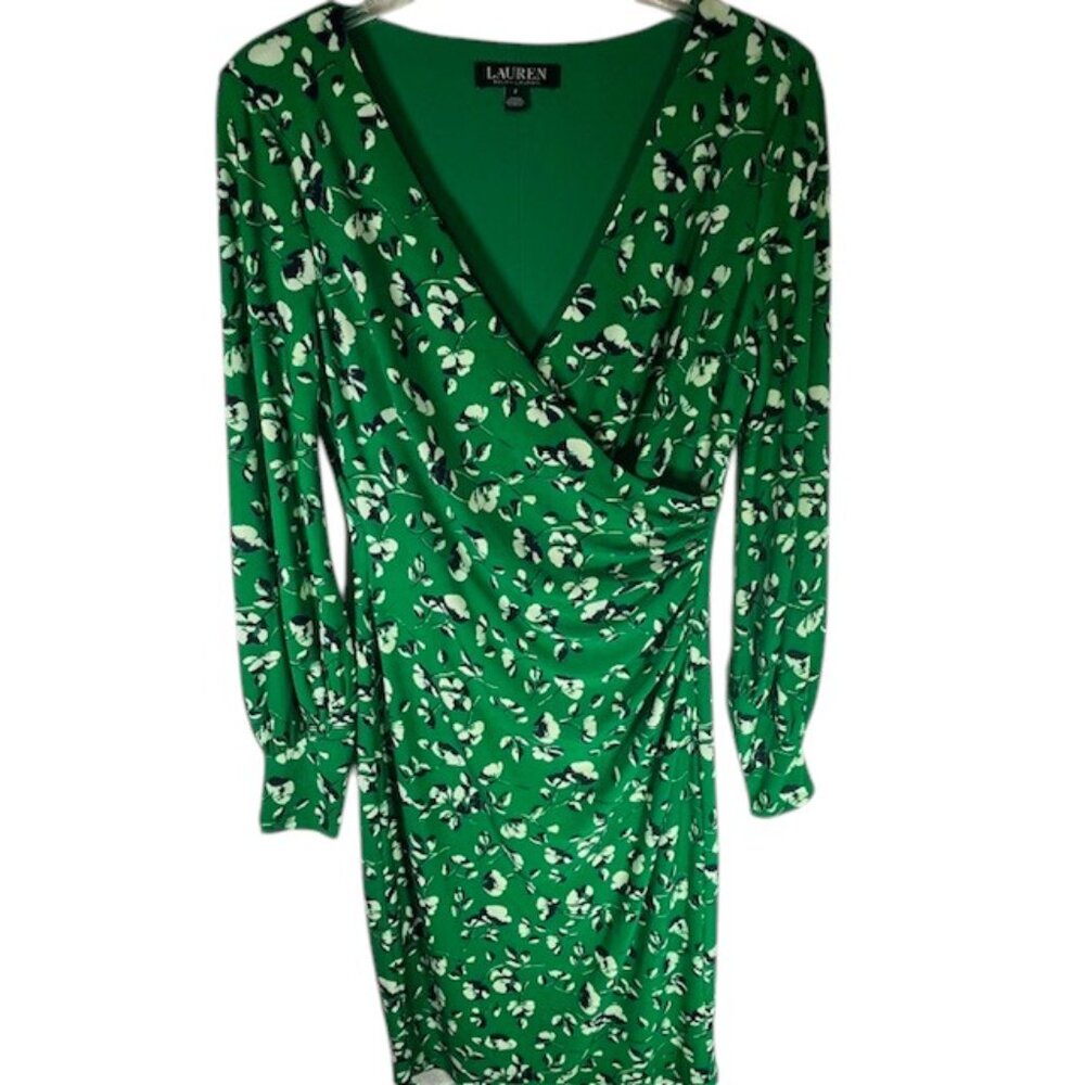 Lauren Ralph Lauren New w/ Tags Green, Black & White Shirred Wrap Dress- Size 2